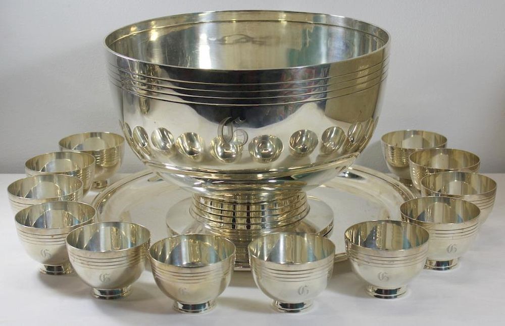 Appraisal: STERLING Tiffany Co Punch Bowl and Cups Includes a large