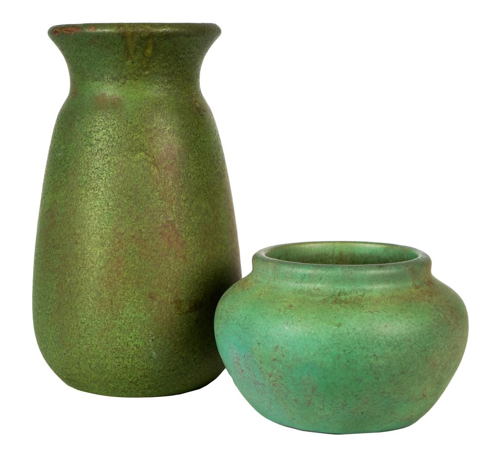 Appraisal: TWO WELLER POTTERY VESSELSunmarked matte green glaze e vase inches