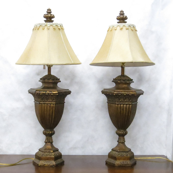 Appraisal: PAIR OF CLASSICAL REVIVAL TABLE LAMPS with gilt urn-form bodies