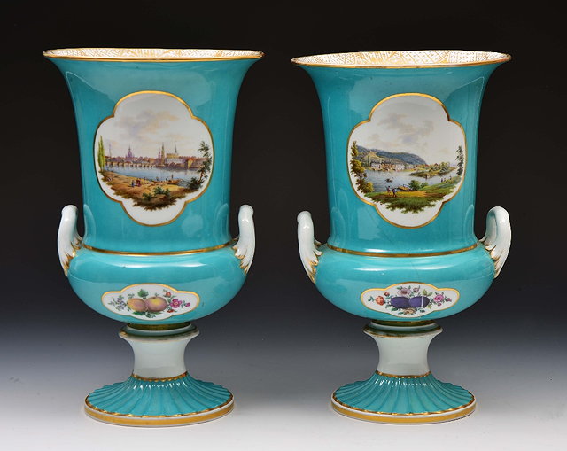 Appraisal: Pair of Meissen turquoise ground campagna vases th Century decorated