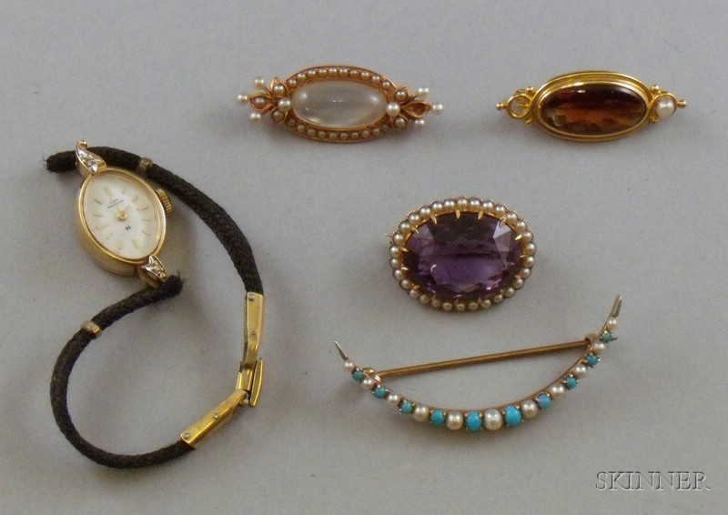 Appraisal: Four Antique Gold Gemstone and Seed Pearl Pins and a