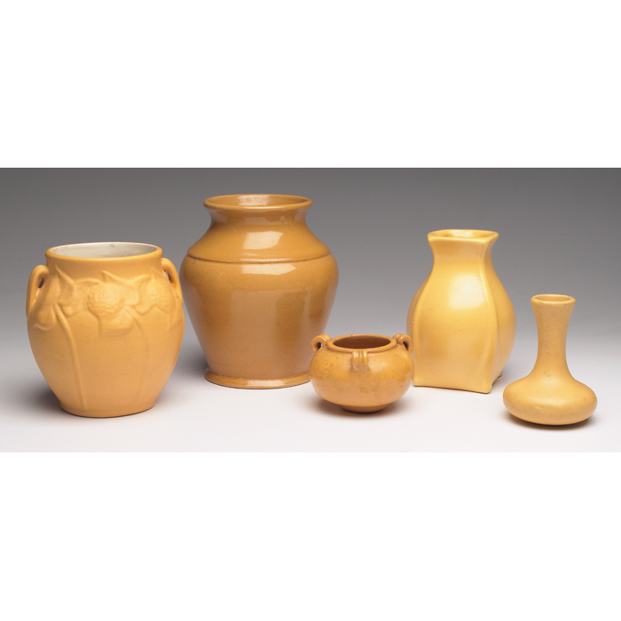 Appraisal: Art Pottery vases five all covered in yellow matte glazes