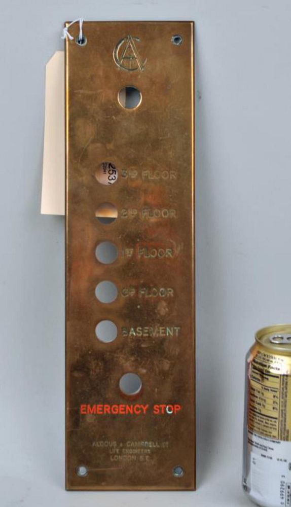 Appraisal: English Brass Elevator Plate Marked Aldous Campbell Ltd Lift Engineers