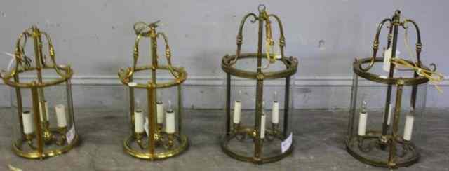 Appraisal: Two Pair of Reynaud Brass and Glass Lanterns From an