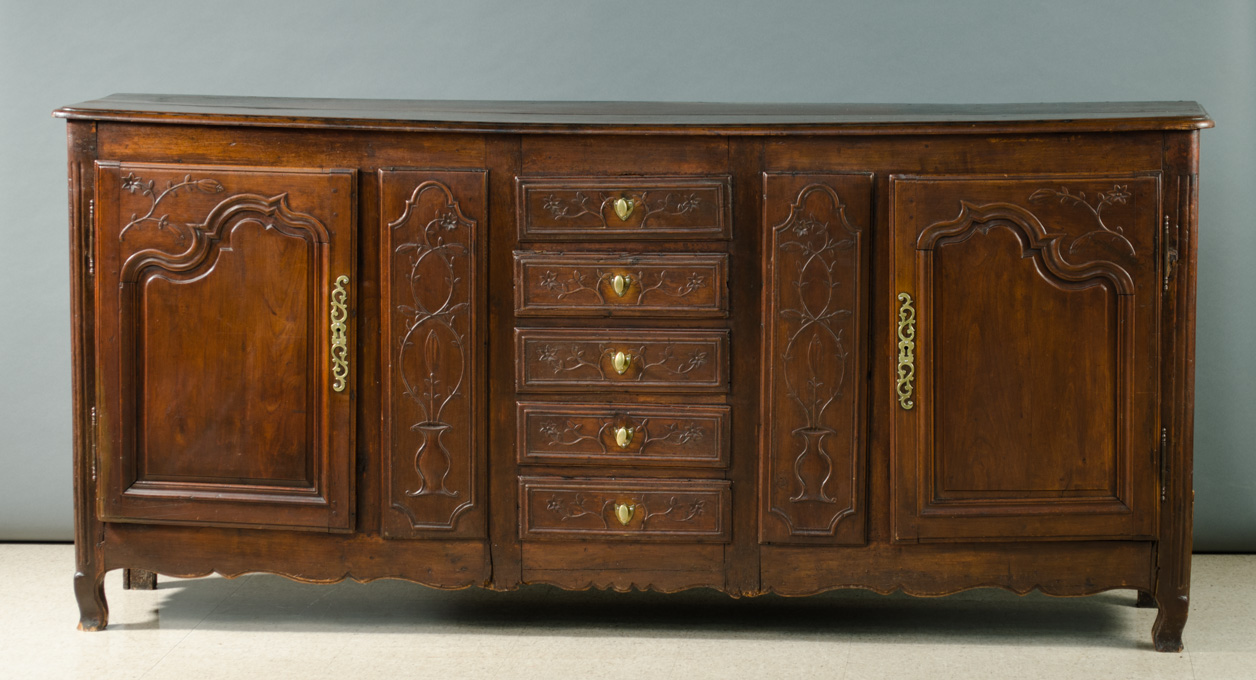 Appraisal: LOUIS XV WALNUT SIDEBOARD French Provincial th century elements the