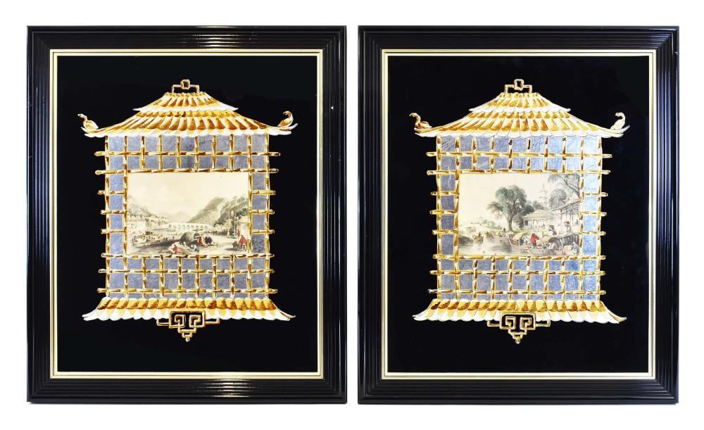 Appraisal: PAIR OF EGLOIMISE PRINT MIRROR DECORATIVE HANGINGSThe prints th Century