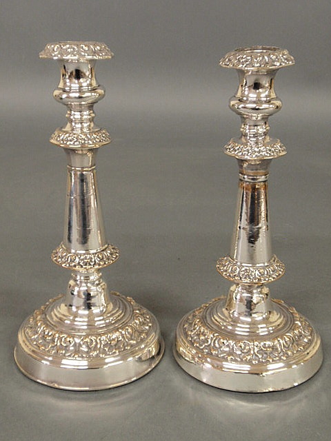 Appraisal: Pair of Sheffield silverplate candlesticks th c h