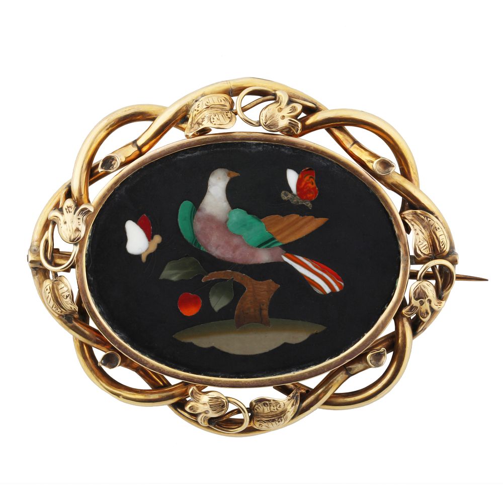 Appraisal: PIETRA DURA KT GOLD BROOCH CIRCA th CENTURY PIETRA DURA