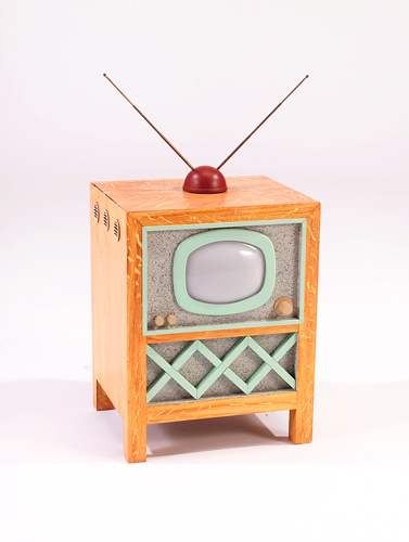 Appraisal: EDWARD ZUCCA Primal Television illuminated sculpture of painted wood and