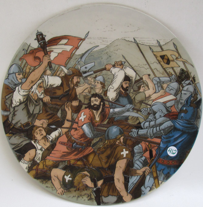 Appraisal: METTLACH ETCHED POTTERY PLAQUE Battle Scene with Arnold Von Winkelried