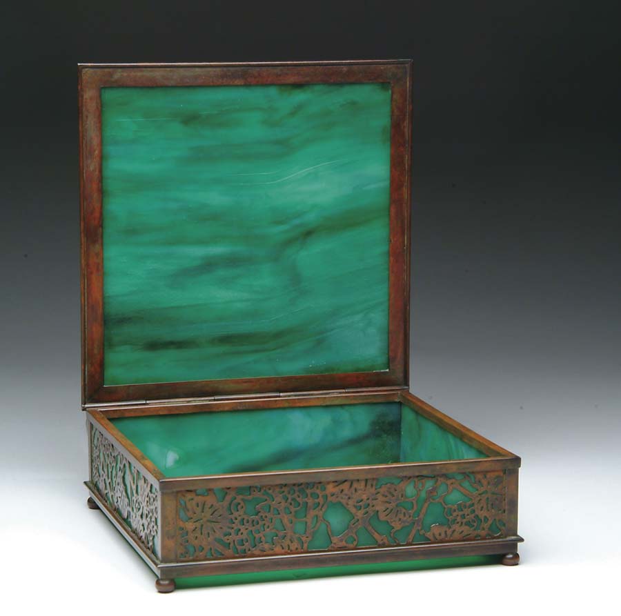 Appraisal: TIFFANY BOX Large Tiffany bronze box has openwork grapevine pattern