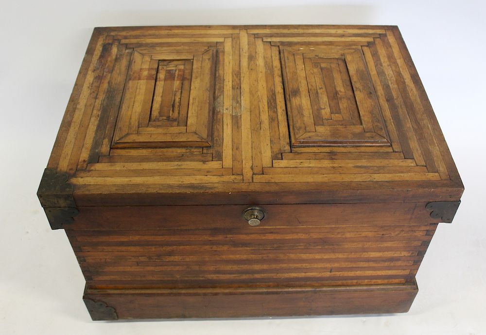 Appraisal: Parquetry Inset Wood Trunk with Antique Combination Lock From an