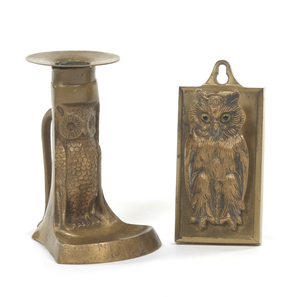 Appraisal: ARTS CRAFTS OWL GILT BRONZE CHAMBER CANDLESTICK AND OWL LETTER