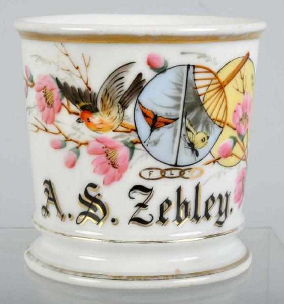 Appraisal: Bird Butterflies Shaving Mug Description Gilt name A S Zebley