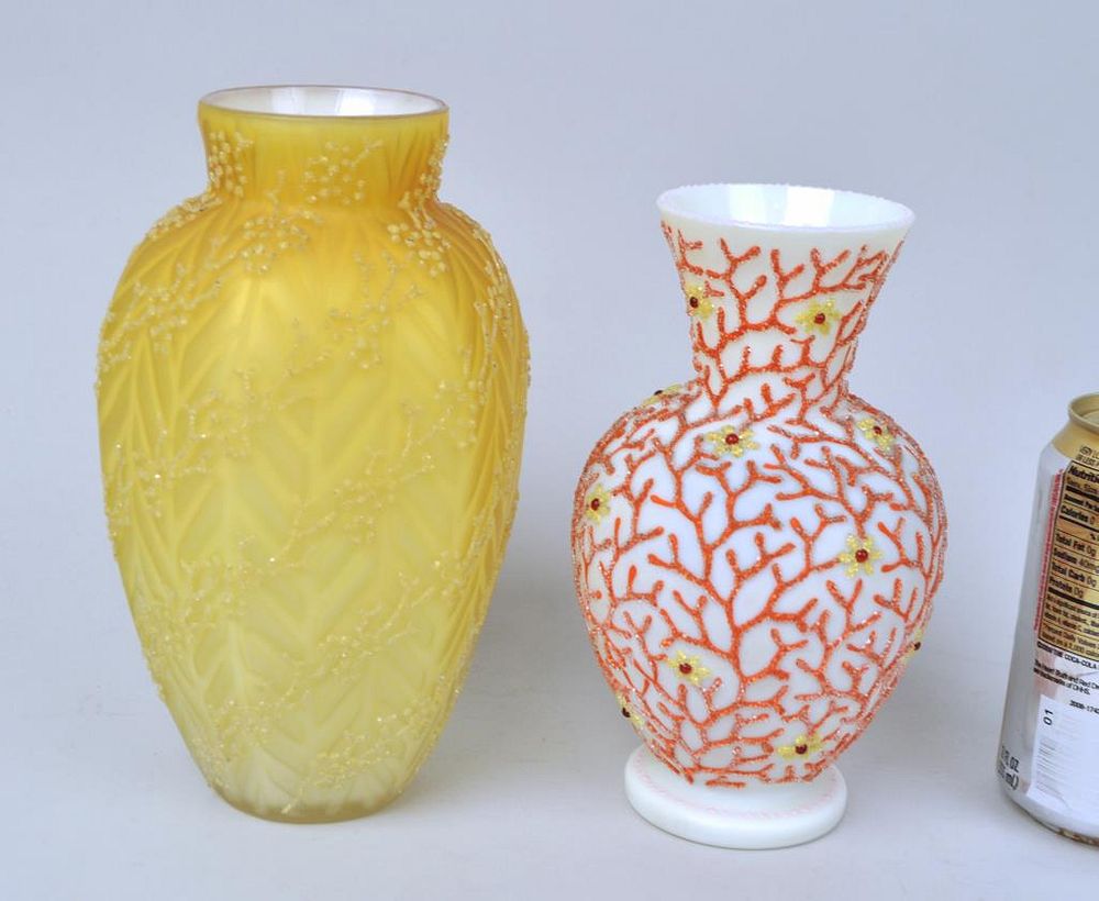 Appraisal: Estate Group Two Coraline Coralene Glass Vases one possibly Mt