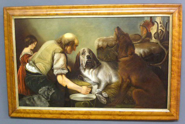 Appraisal: Continental oil on canvas painting of a veterinarian tending to