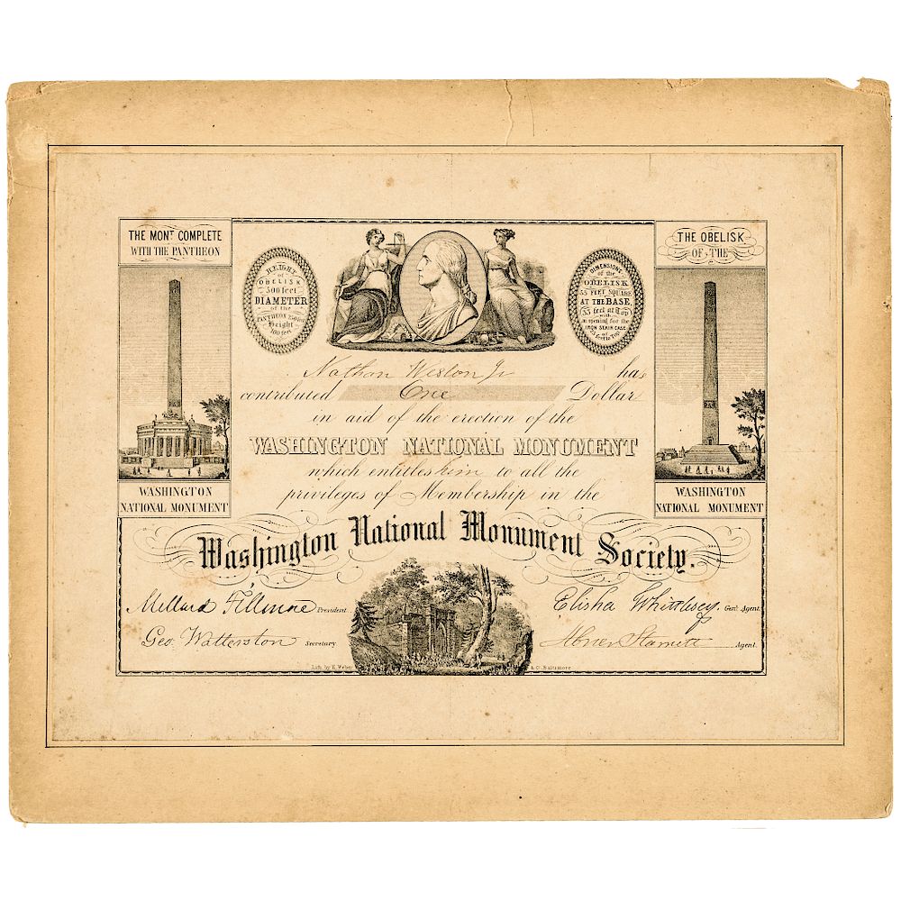 Appraisal: Washington National Monument Society Decorative Steel-Plate Engraved Certificate Washington Related