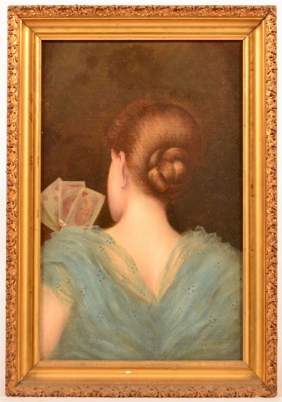 Appraisal: Oil on Canvas Portrait of Lady Holding Cards Unsigned th