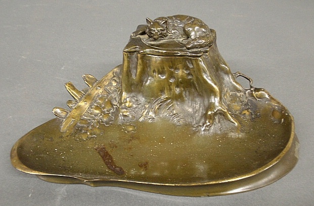 Appraisal: - Bronze inkwell with recumbent fox form lid signed H