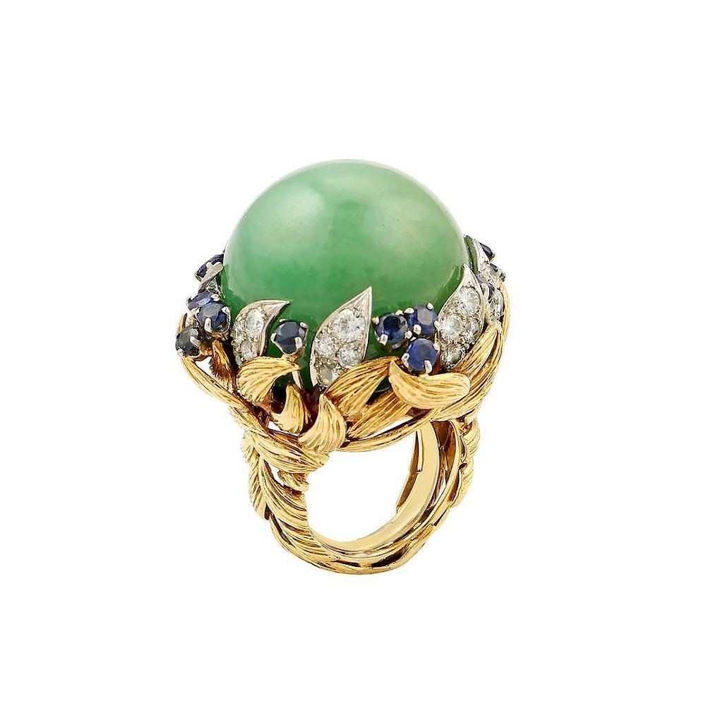 Appraisal: David Webb Jade Cabochon Ring with Sapphires and Diamonds David