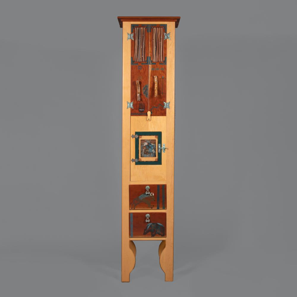 Appraisal: TALL PAINTED WOOD INLAY AND RUSTIC TRIM CABINETPainted wood inlay