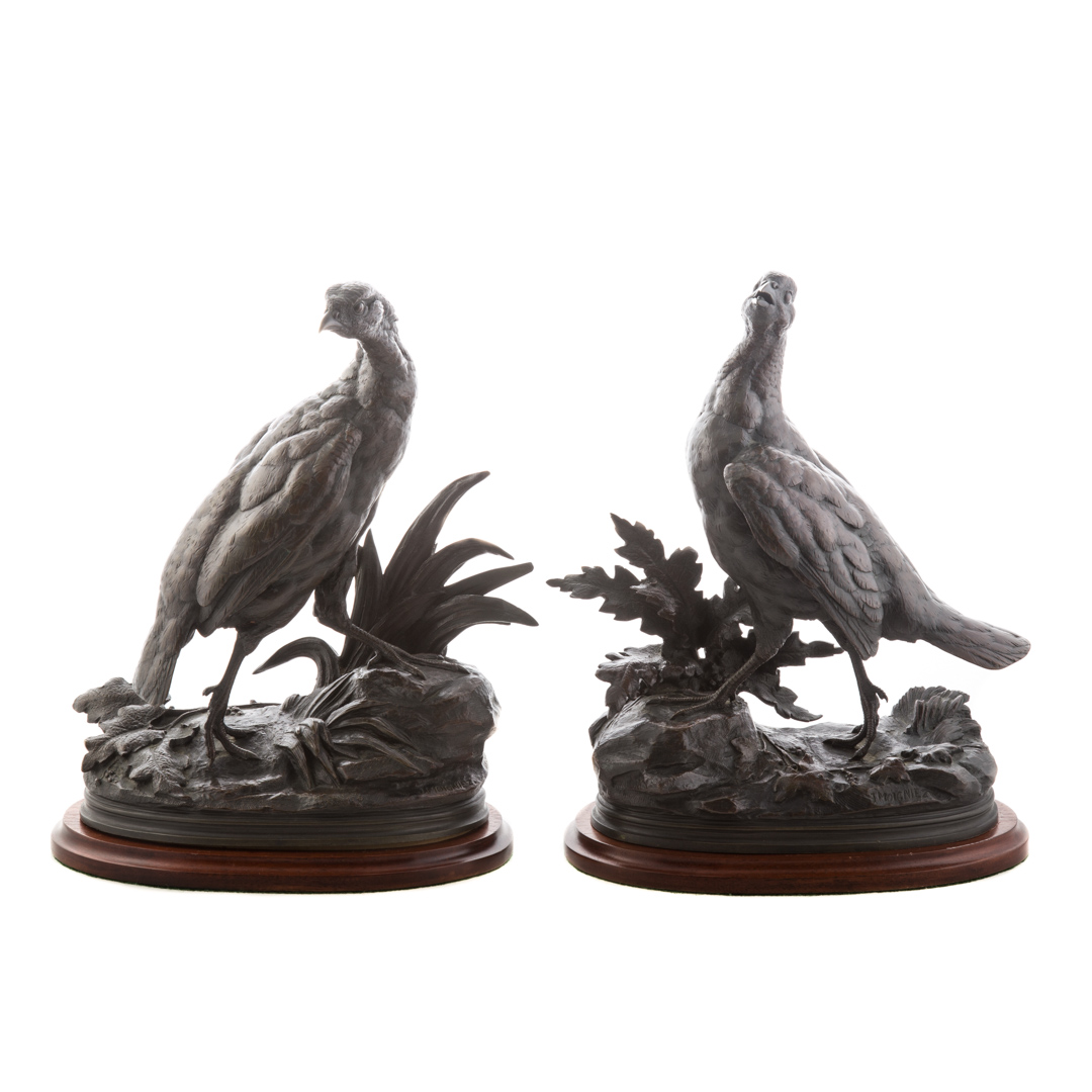 Appraisal: Jules Moigniez Pair of grouse bronzes French - Each modeled