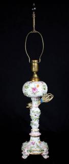 Appraisal: German polychrome decorated porcelain oil lamp German polychrome decorated porcelain