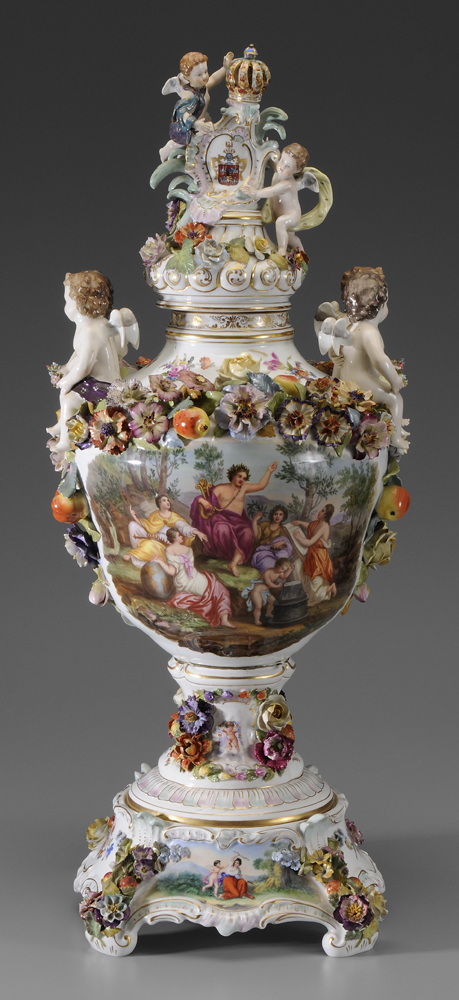 Appraisal: Monumental Dresden Porcelain Urn German th century hand-painted floral bouquets