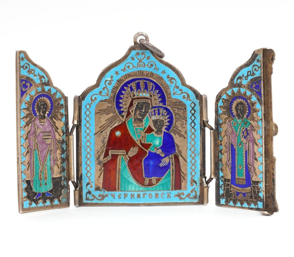 Appraisal: RUSSIAN IMPERIAL MINIATURE SILVER TRIPTYCHRussian Imperial miniature silver enamel triptych