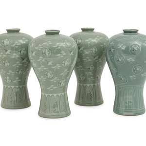 Appraisal: Four Korean Celadon 'Crane and Cloud' Porcelain Maebyong Vases intricately