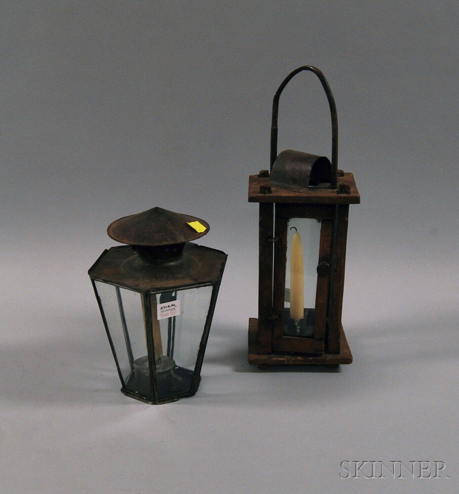 Appraisal: Two Lanterns including a square-cased primitive wooden lantern and a