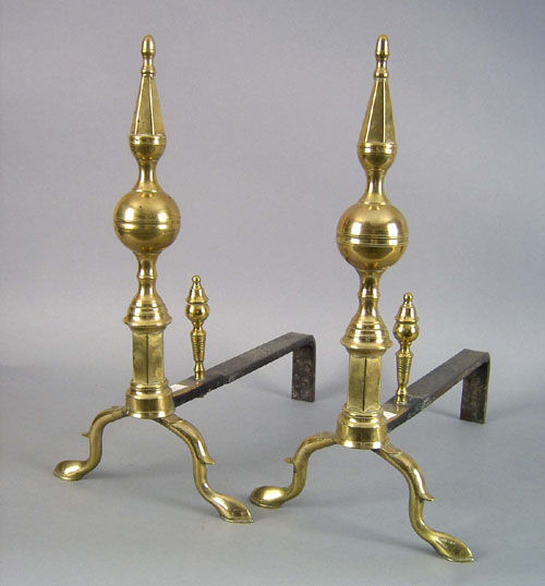 Appraisal: Pair of Boston Federal brass steeple top andirons ca with