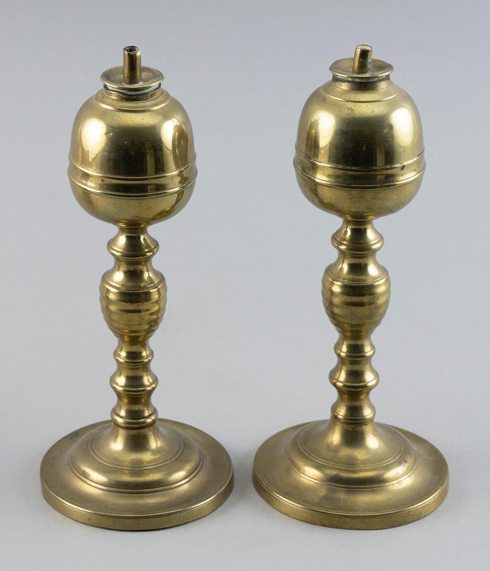 Appraisal: PAIR OF BRASS WHALE OIL LAMPS ATTRIBUTED TO WILLIAM WEBB