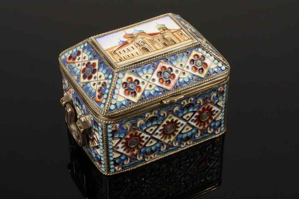 Appraisal: RUSSIAN ENAMEL STERLING BOX - Enameled Gold Washed Silver Trinket