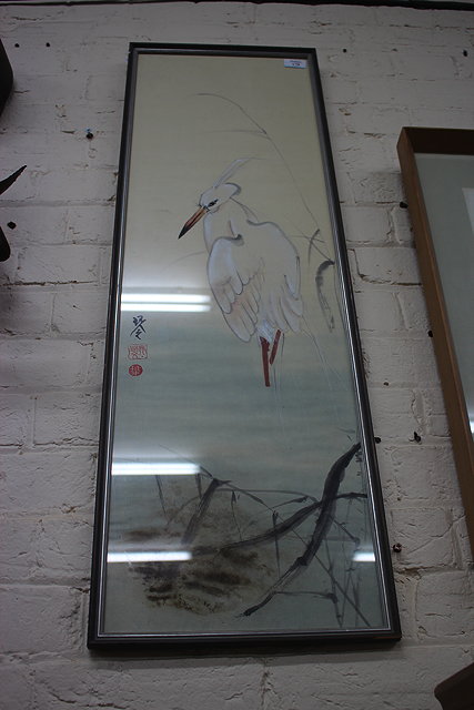 Appraisal: A CHINESE STYLE WATERCOLOUR BY JANE EVANS of a heron