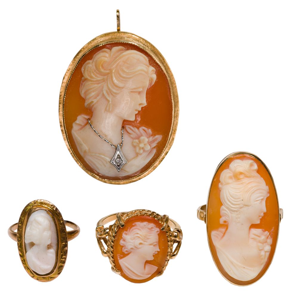 Appraisal: K AND K YELLOW GOLD AND CARVED SHELL CAMEO JEWELRY