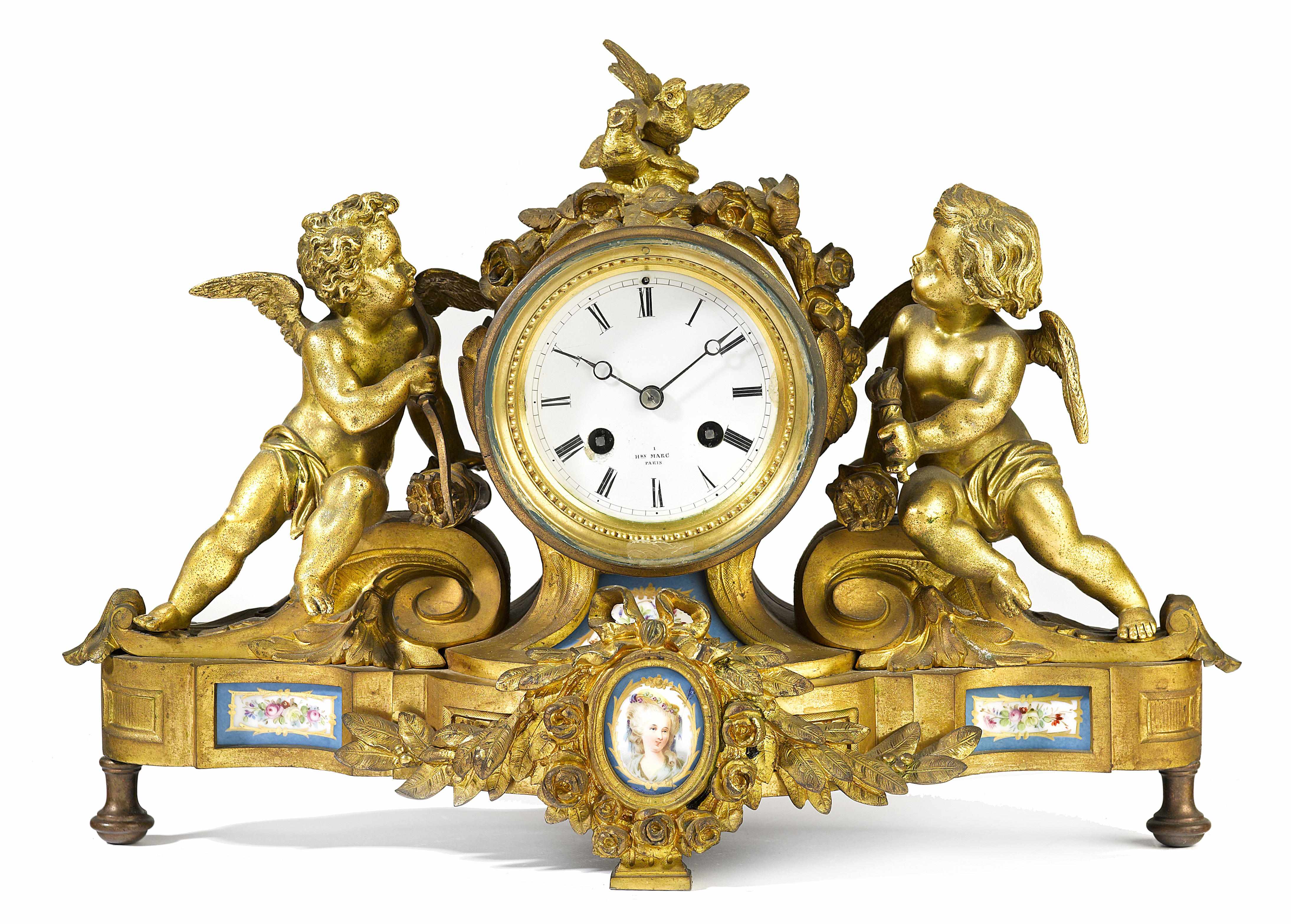 Appraisal: A French porcelain mounted gilt bronze mantel clock late th