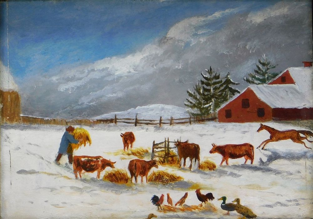 Appraisal: C American Folk Art Winter Farm Scene Painting United States