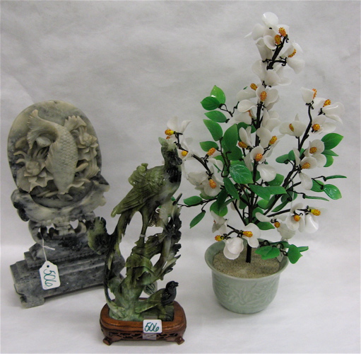 Appraisal: THREE CHINESE ART OBJECTS soapstone fish and flower decorated arrangement