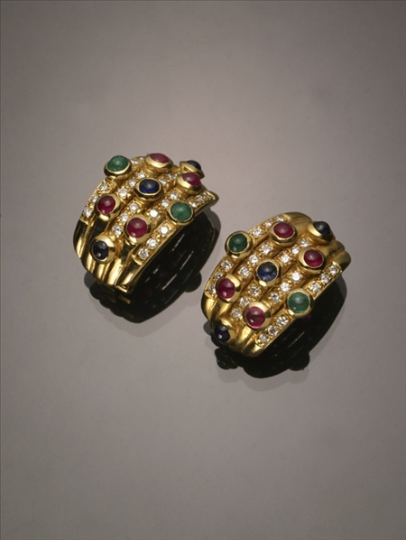 Appraisal: Pair of Tested -Karat Yellow-Gold Diamond Blue Sapphire Ruby and