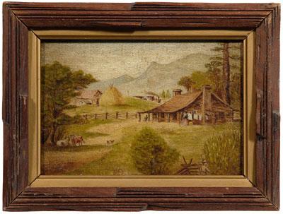 Appraisal: Folk art painting farmhouse with figure by a laundry line