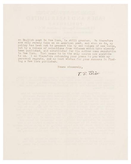 Appraisal: ELIOT T S Typed letter signed to the American poet