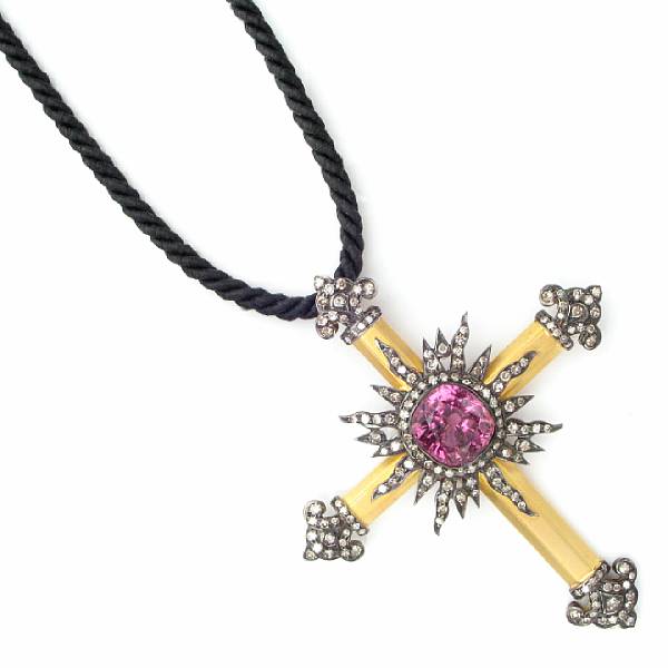 Appraisal: A pink tourmaline diamond silver and eighteen karat yellow gold