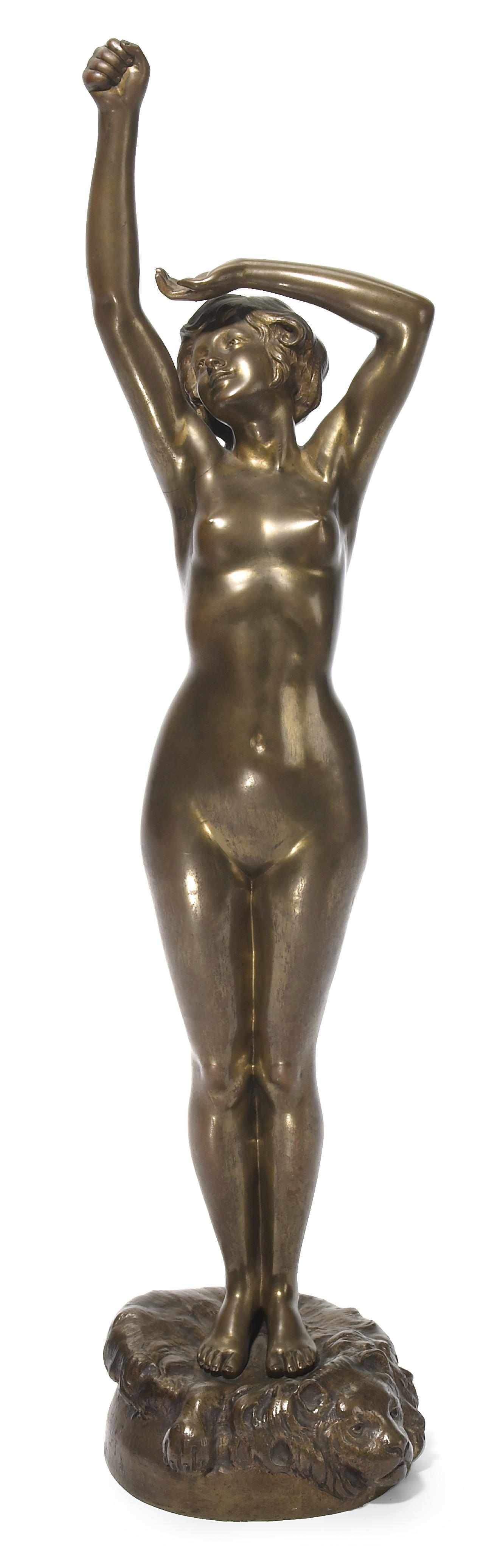 Appraisal: A Calendi Italian th century standing nude on lion skinbronze