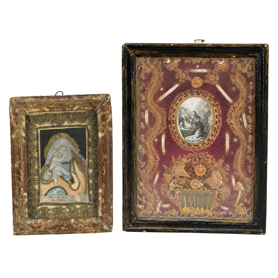 Appraisal: Italian Gilt Paperwork Icon Together with German Gilt Needlework and