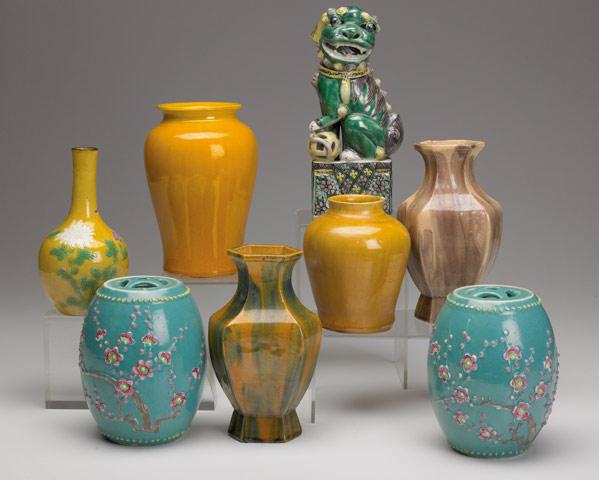 Appraisal: ASIAN POTTERY Grouping of eight pieces Chinese bottle vase painted