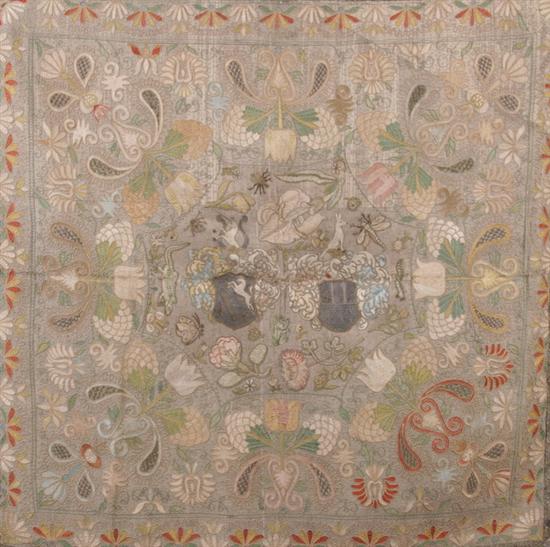 Appraisal: ENGLISH SILK EMBROIDERED PANEL late th century Square panel worked