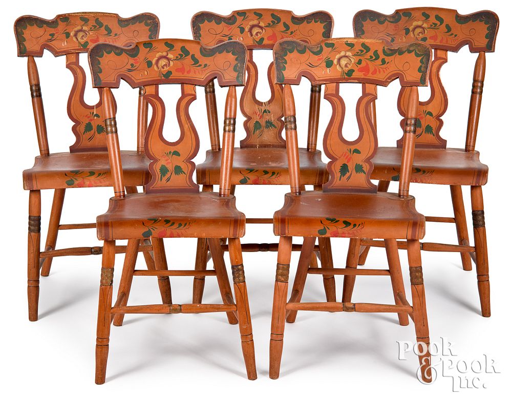 Appraisal: Five Pennsylvania painted plank seat chairs Five Pennsylvania painted plank