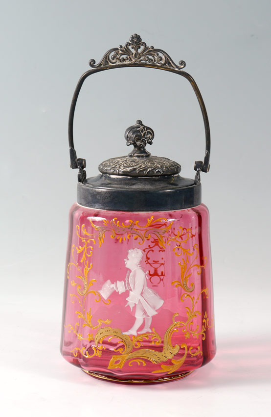 Appraisal: CRANBERRY GLASS BISCUIT JAR Mary Gregory type enamel decoration The