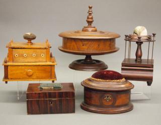 Appraisal: antique spool caddys sewing boxes Five antique spool caddys sewing